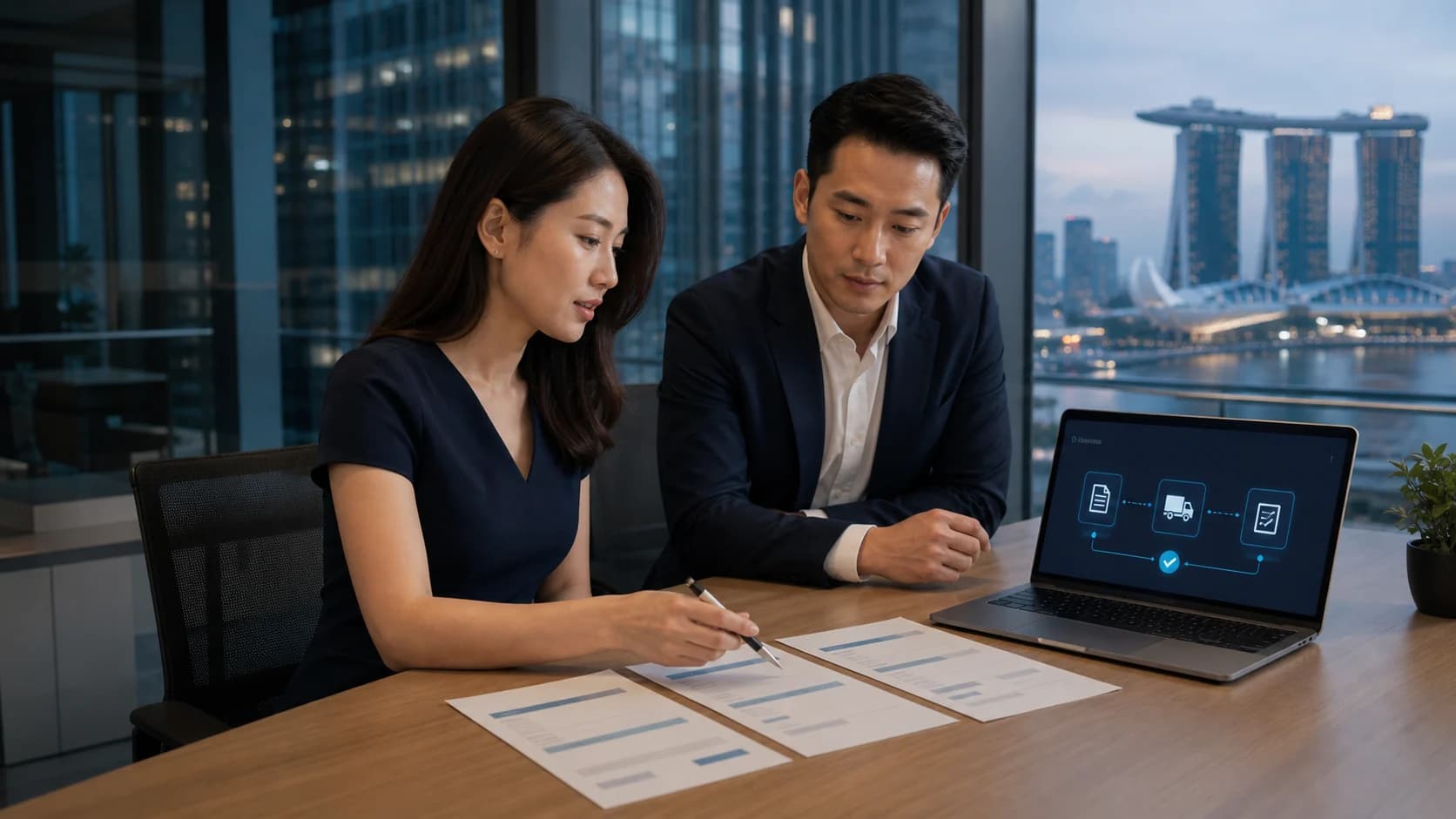 Finance professionals reviewing a three-way document matching workflow