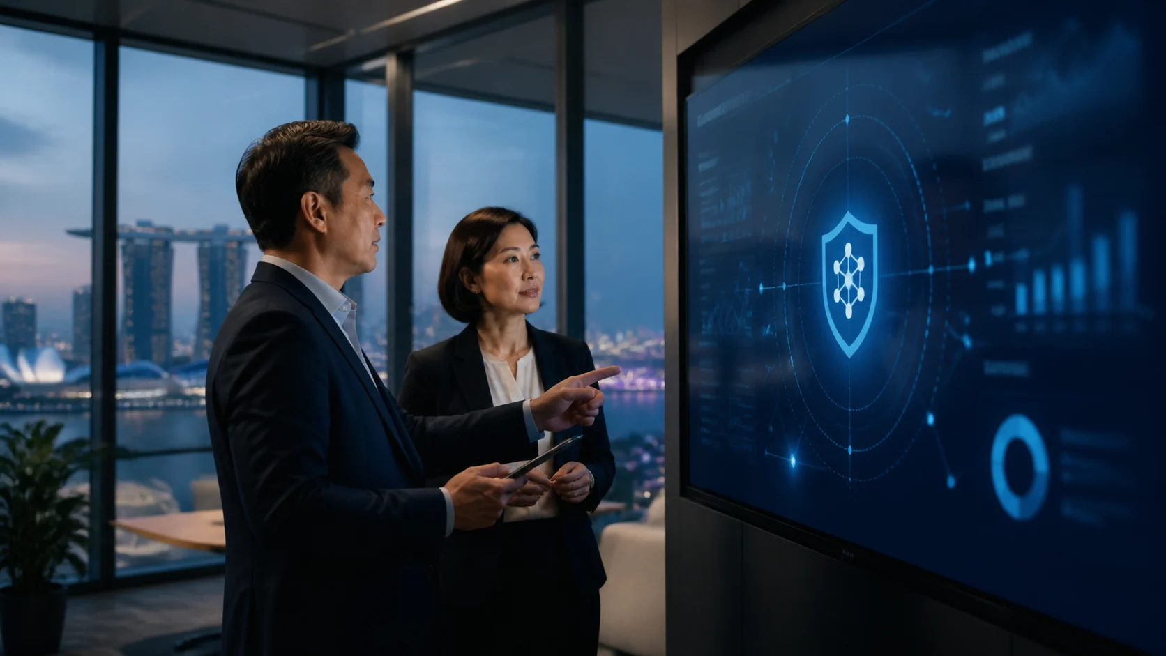 Technology and risk leaders reviewing a cybersecurity dashboard in Singapore