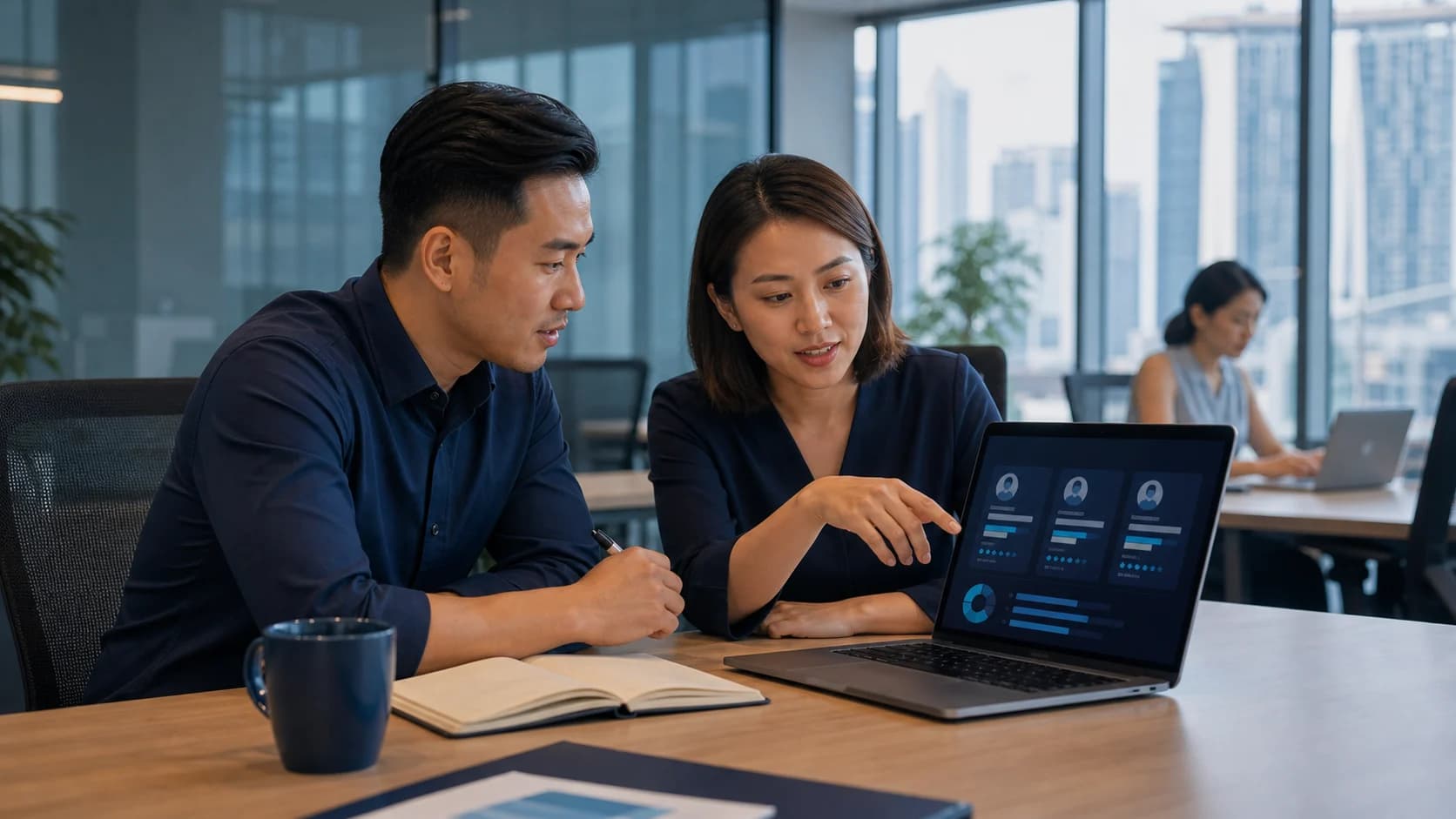 A recruiter and hiring manager reviewing candidate analytics together