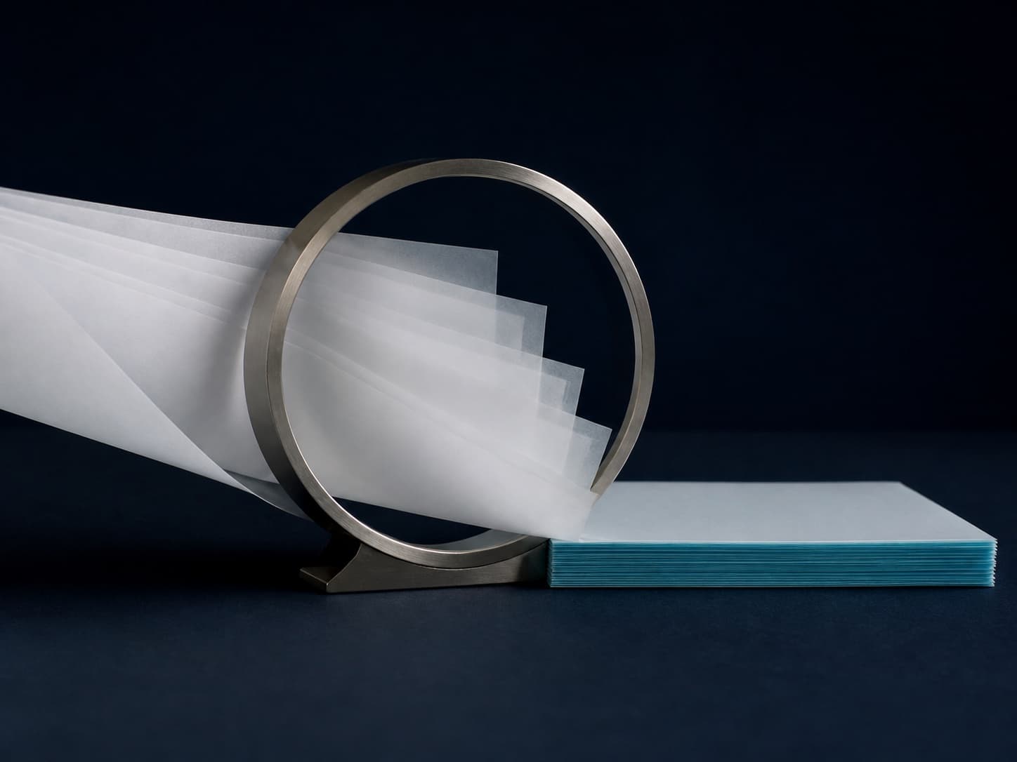 Translucent sheets passing through a metal frame and aligning into one clear stack