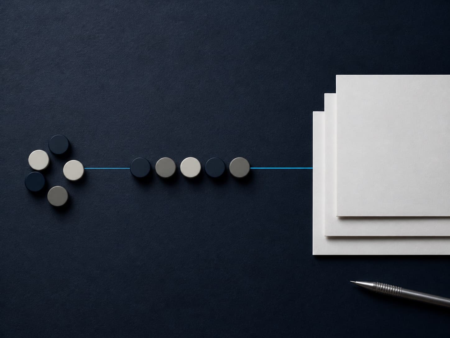Ordered tokens and aligned paper representing intelligent operational workflows