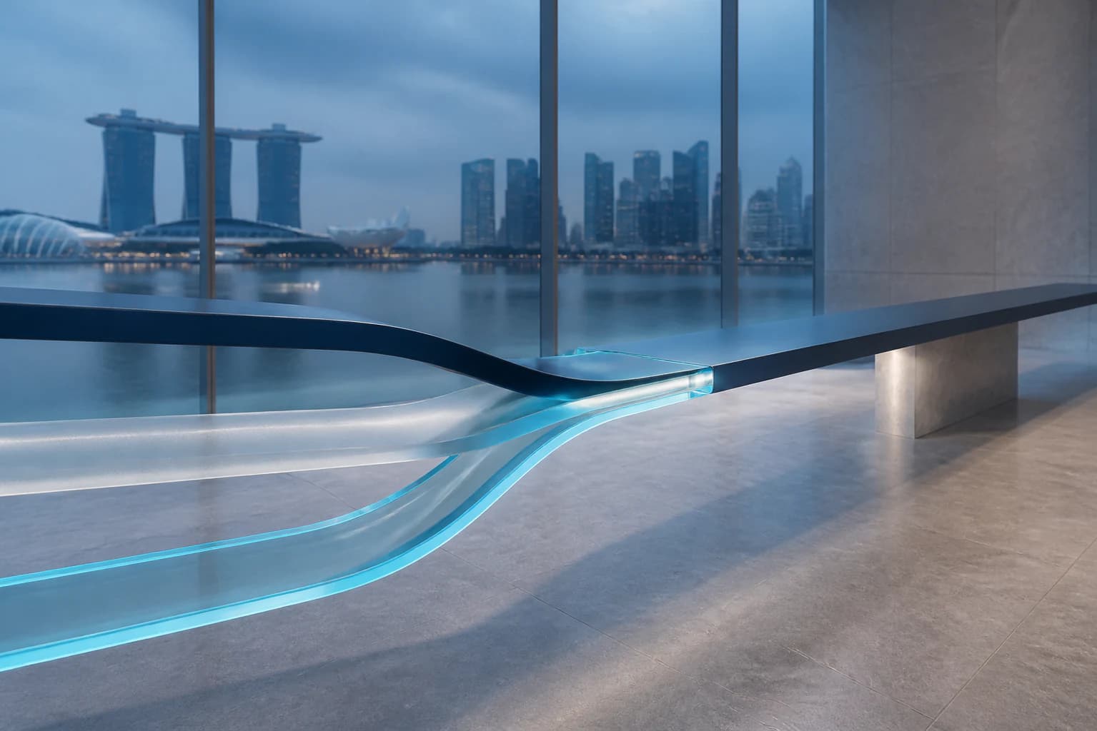 Three architectural pathways converging into one channel against the Singapore skyline